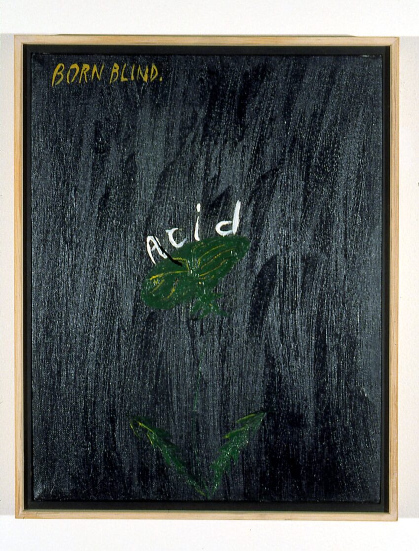 Painting with the words "Born Blind" at the top and "Acid" over green leaves against a dark textured background.