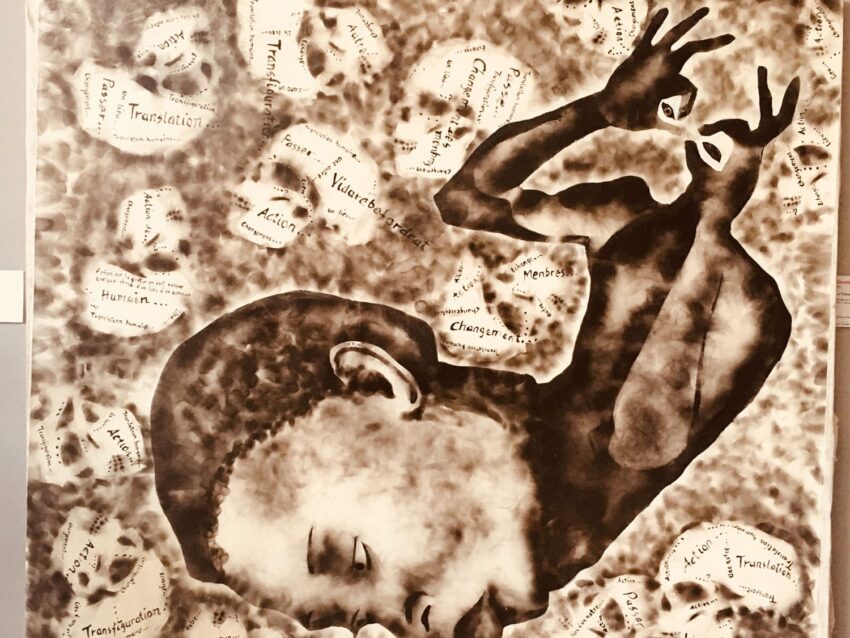 Abstract art featuring a child, hands in motion, surrounded by words like "translation" and "action" in earthy tones.