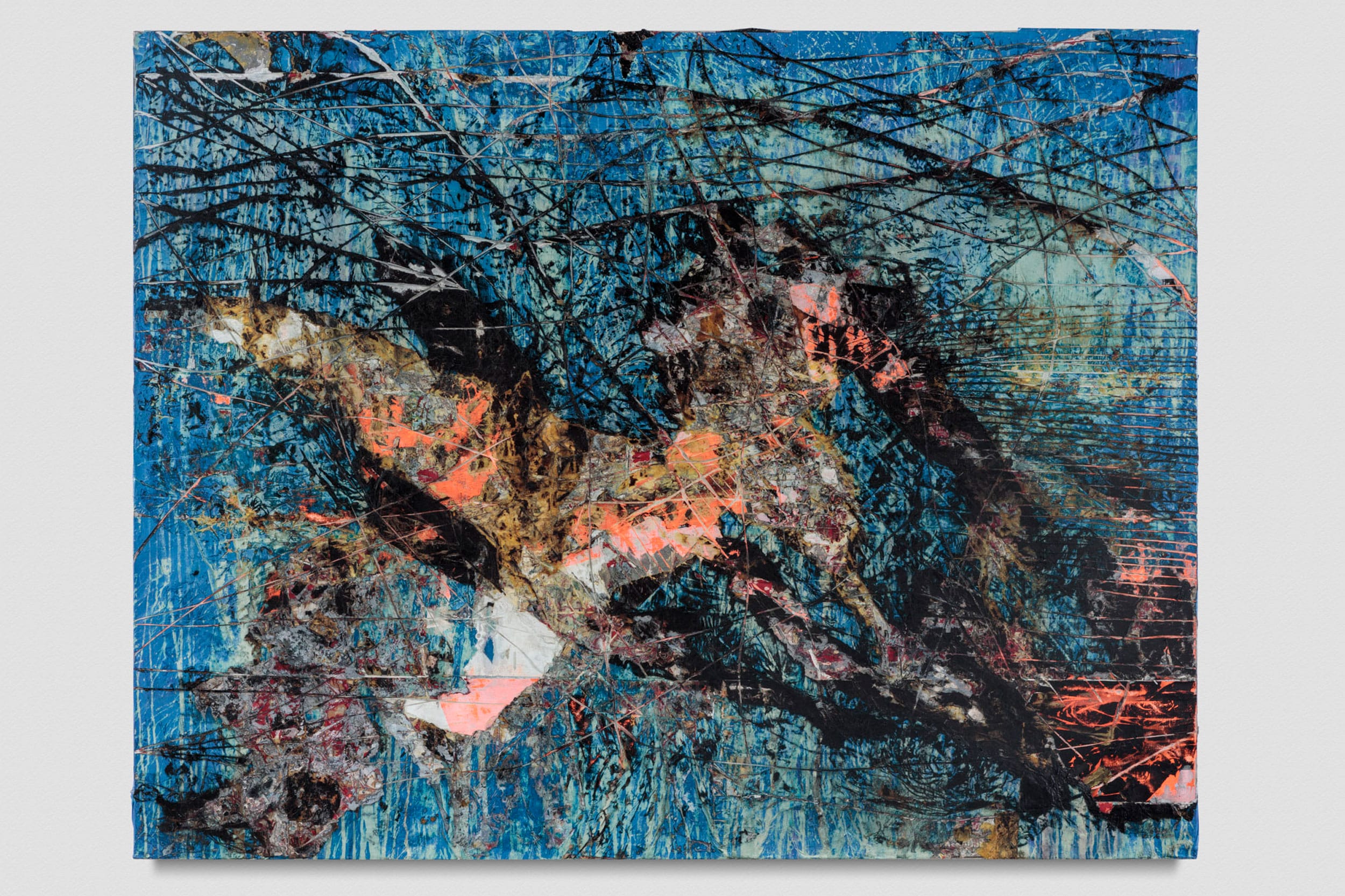 Abstract painting with vibrant blue, orange, and black colors creating dynamic, chaotic patterns and textures on canvas.