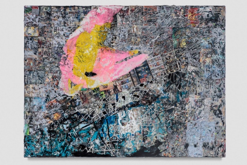 Abstract mixed media artwork with layers of colors, textures, and overlapping elements including pink, yellow, and black.