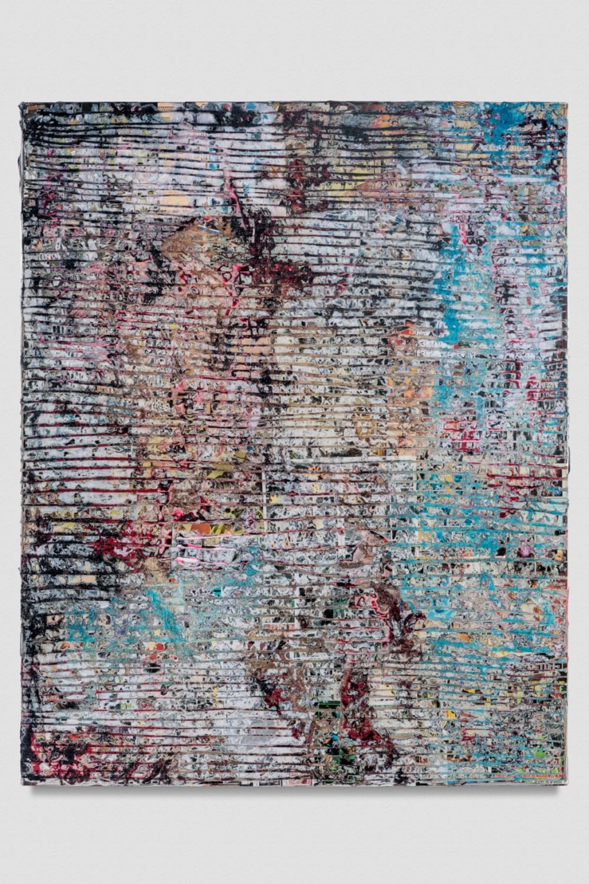 Abstract painting with overlapping layers of colors and textures, creating a complex pattern with horizontal streaks.