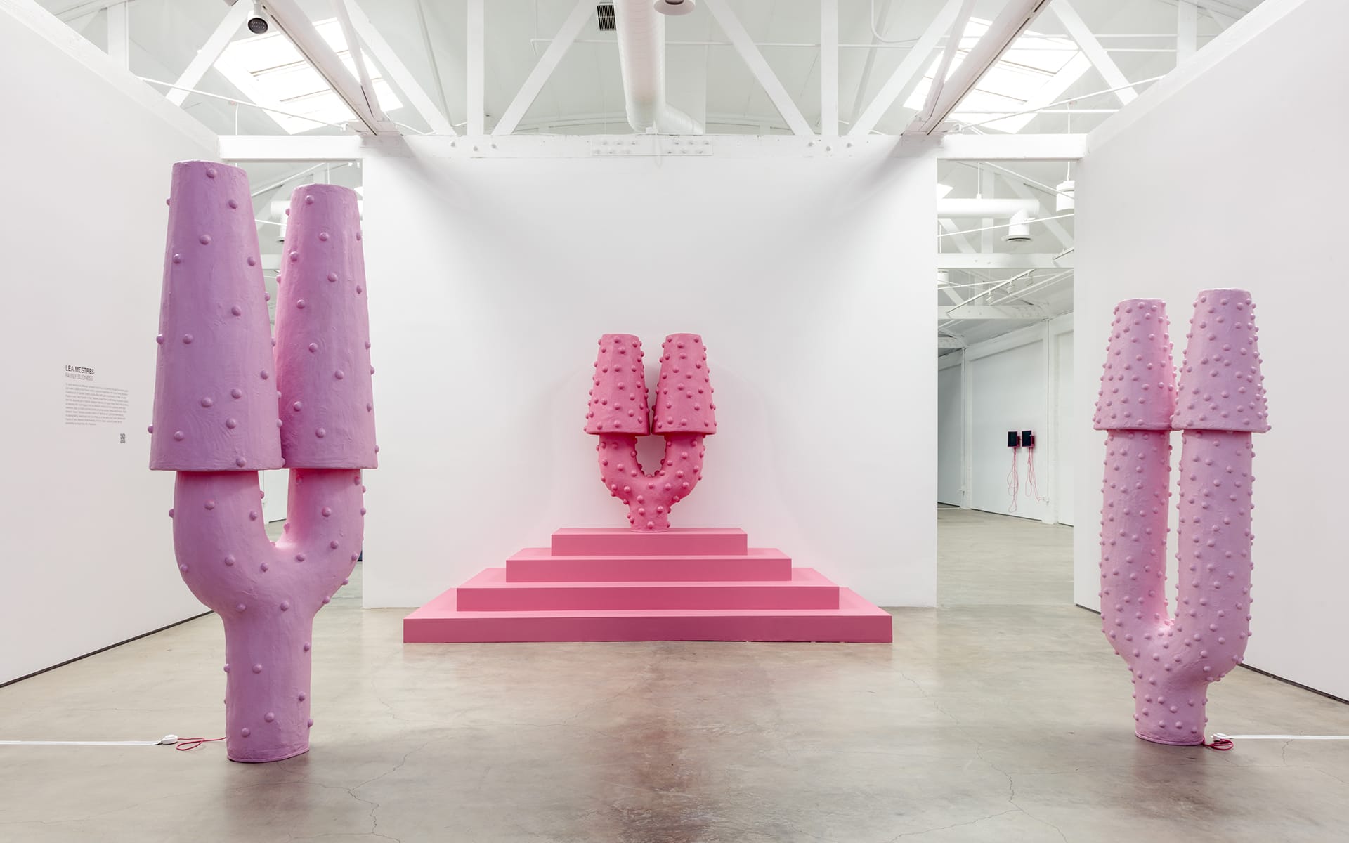 Pink abstract cactus sculptures on display in a modern art gallery with a white interior and concrete floor.