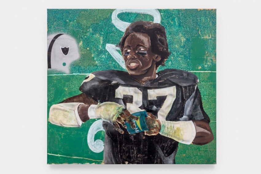 Painting of a football player in a black jersey holding a Blue Ribbon item against a green abstract background
