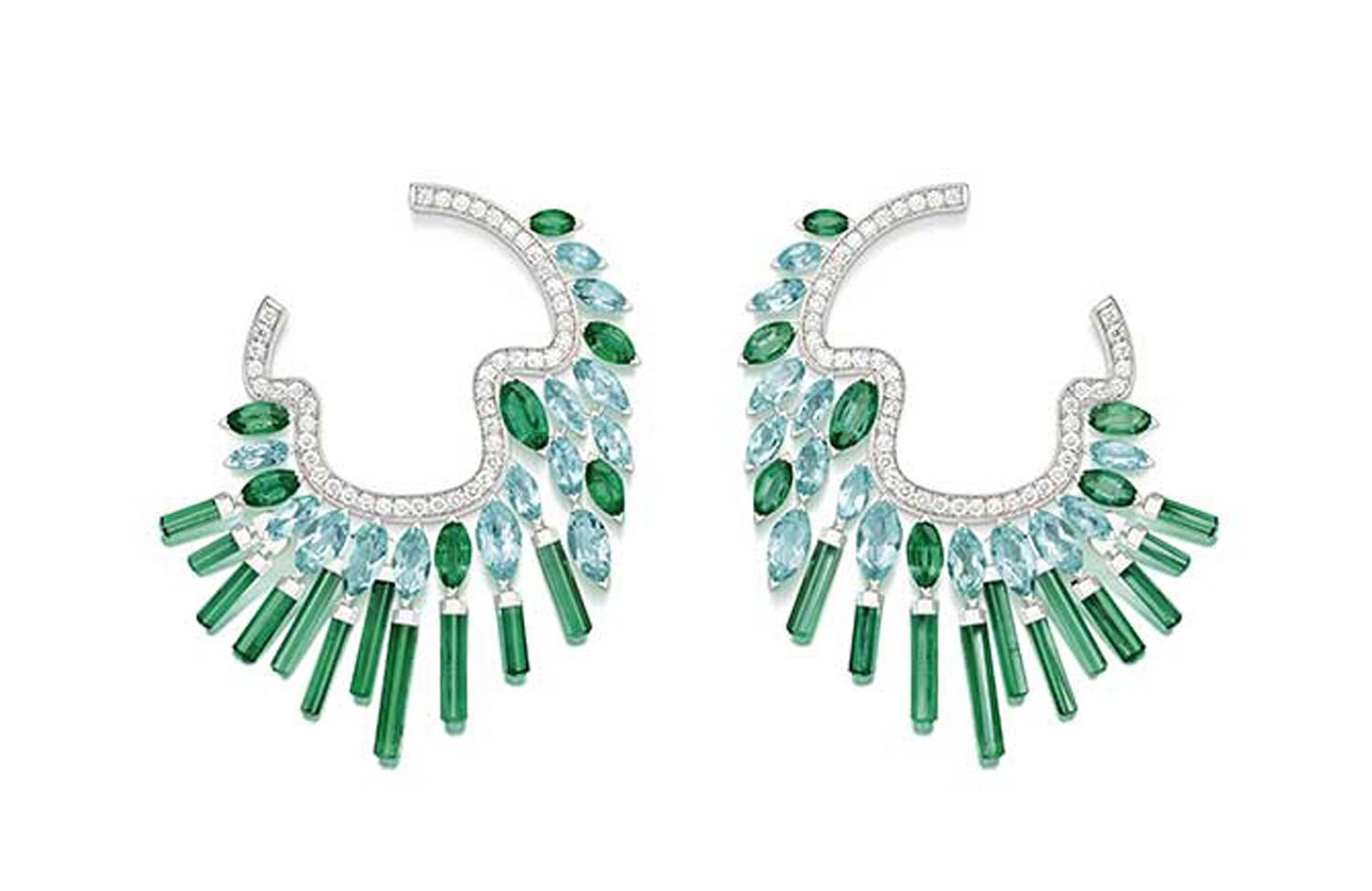 Green and blue gemstone earrings with a unique, fan-like design featuring multiple oval and rectangular stones.