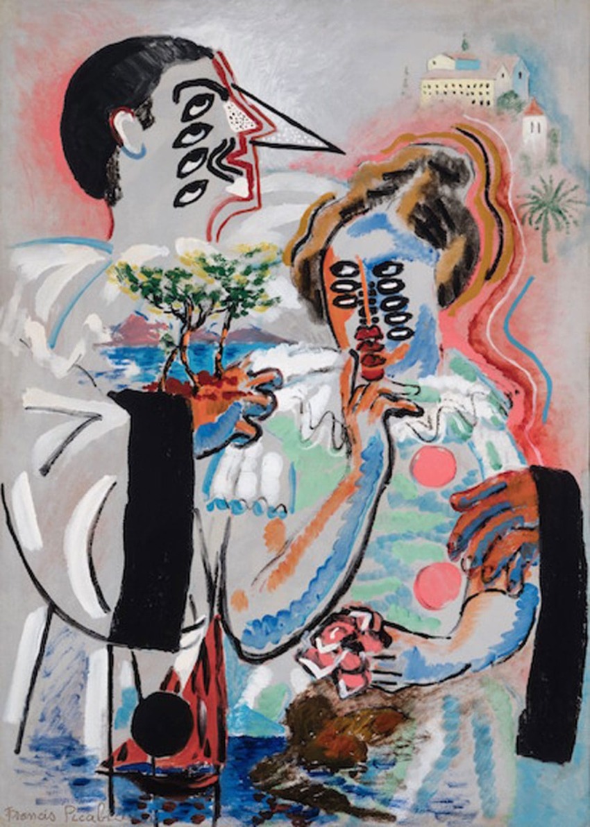 Abstract painting of two figures with exaggerated features, colorful patterns, and a scenic background.