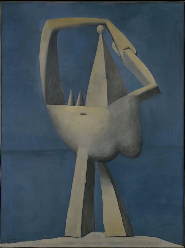 Abstract sculpture-like figure with geometric shapes in gray tones against a blue background, by famous modern artist.