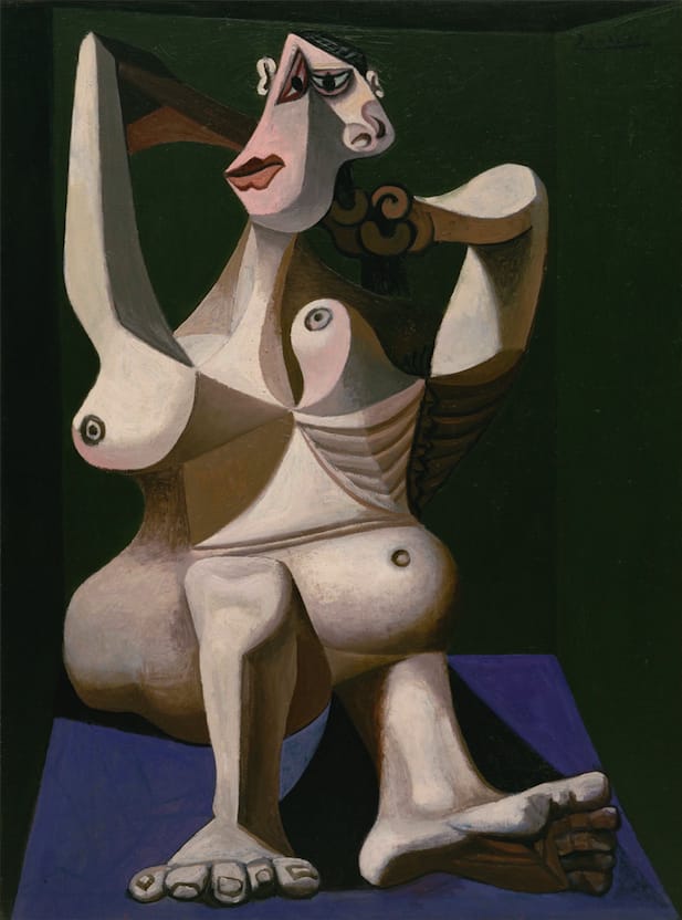 Cubist painting of a seated abstract figure with exaggerated features and a dark background.