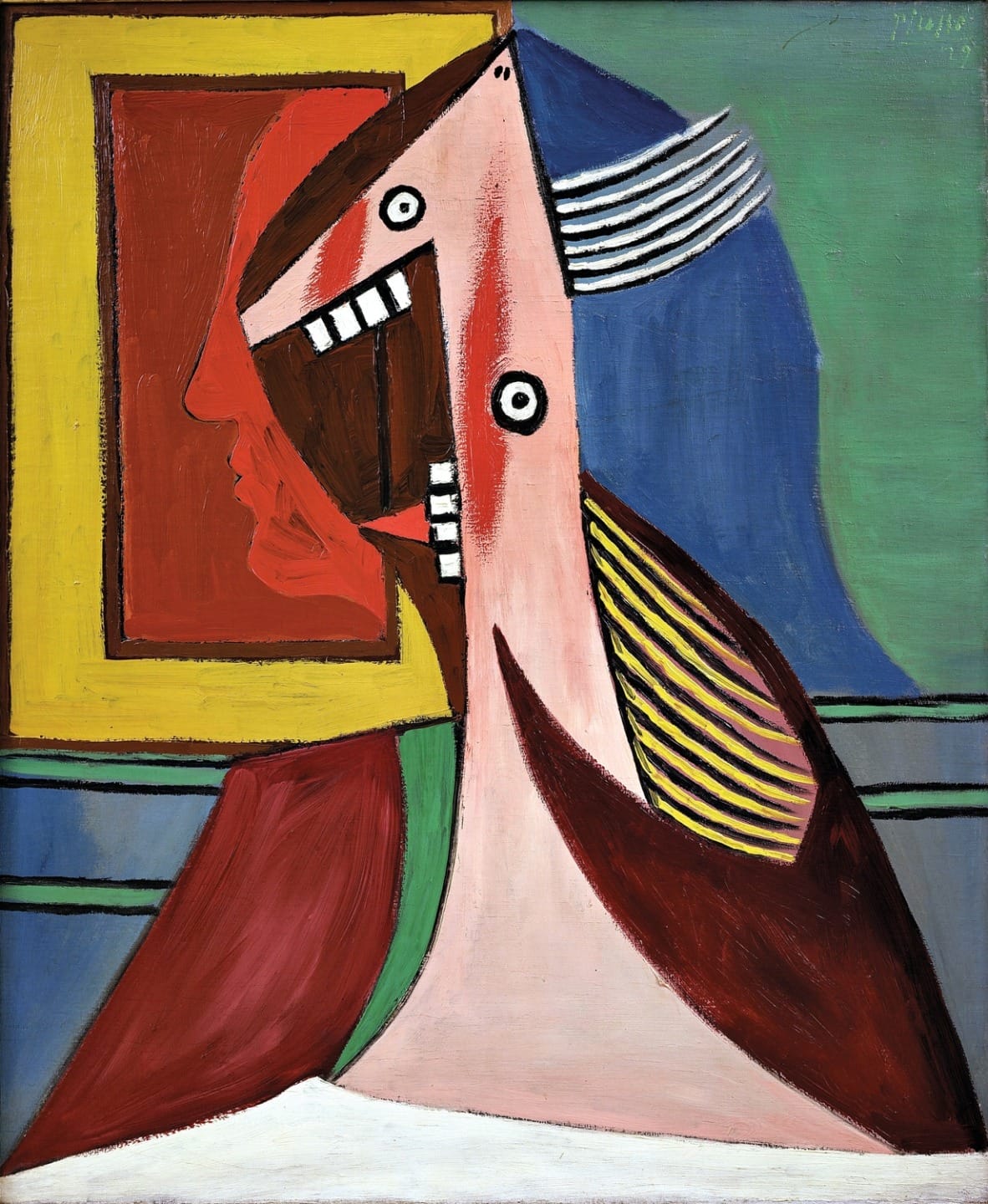 Abstract painting with geometric shapes, featuring multiple faces in profile surrounded by bold colors and lines.