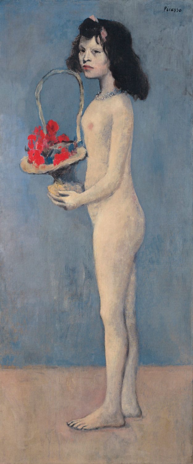Painting of a nude woman holding a basket of red flowers, set against a blue background, by Pablo Picasso.