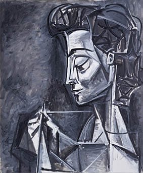 Cubist painting of a person with geometric shapes in grayscale, featuring a contemplative expression against a dark background.