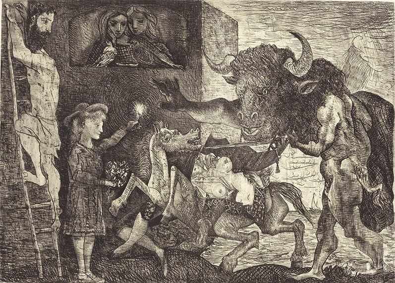 Abstract etching depicting a mythological scene with a minotaur, several figures, and intricate details in a surreal setting.