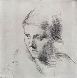 Sketch of a person with light hair glancing sideways, featuring detailed shading and a neutral background.