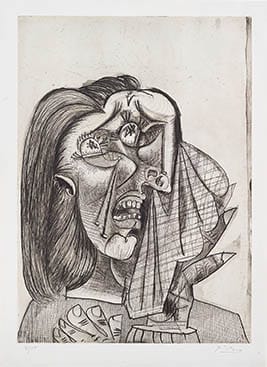 Distorted portrait of a woman with surreal and abstract features in a monochromatic sketch style.