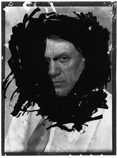 Abstract portrait of a man partially obscured by black paint, wearing a suit and tie, with a serious facial expression.