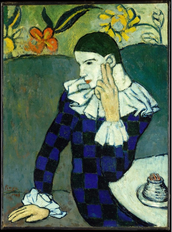 Painting of a person in a checkered costume with a ruffled collar seated at a table, with flowers in the background
