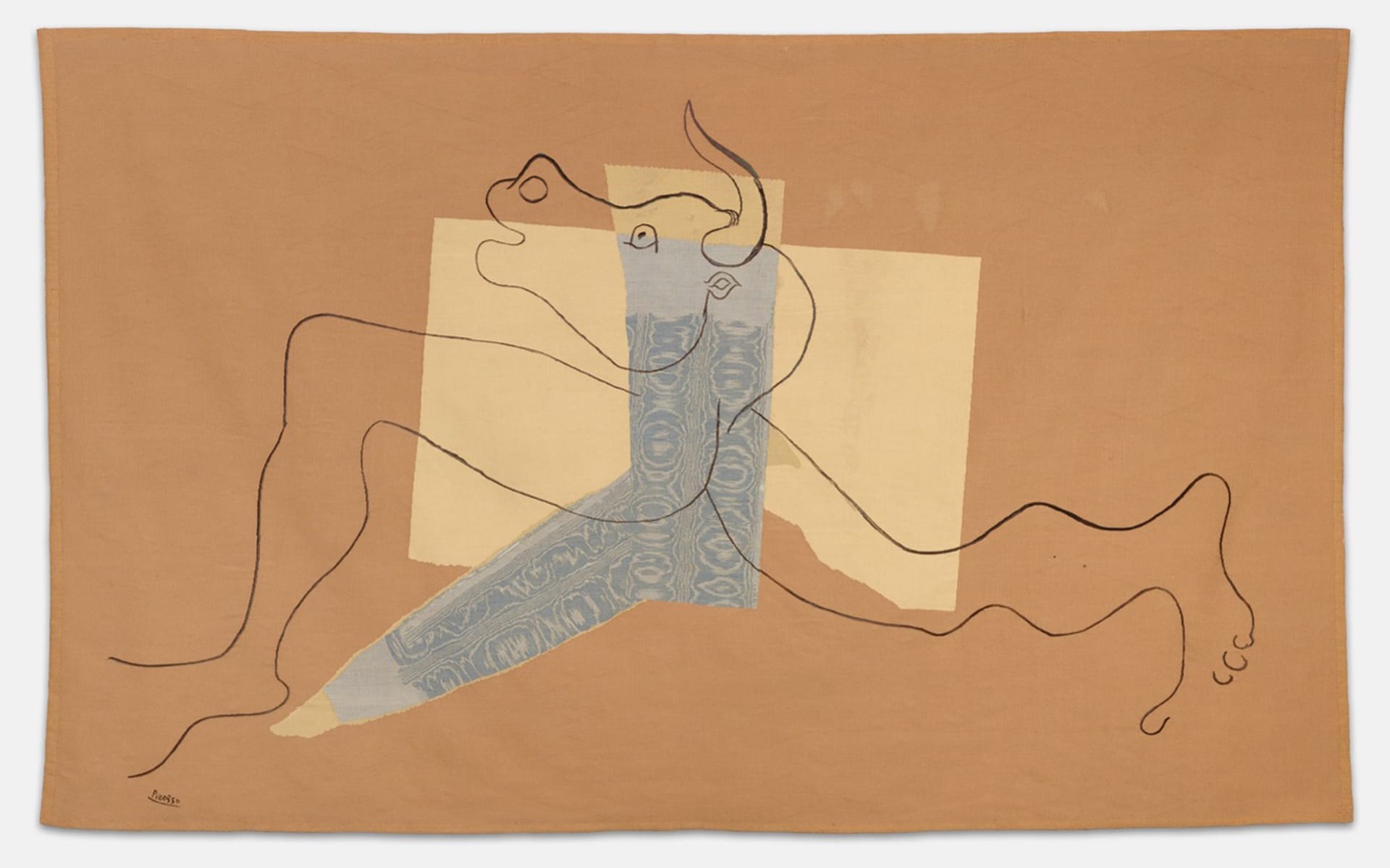 Abstract tapestry art with a bull-like figure, featuring geometric shapes in earth tones against a beige background.