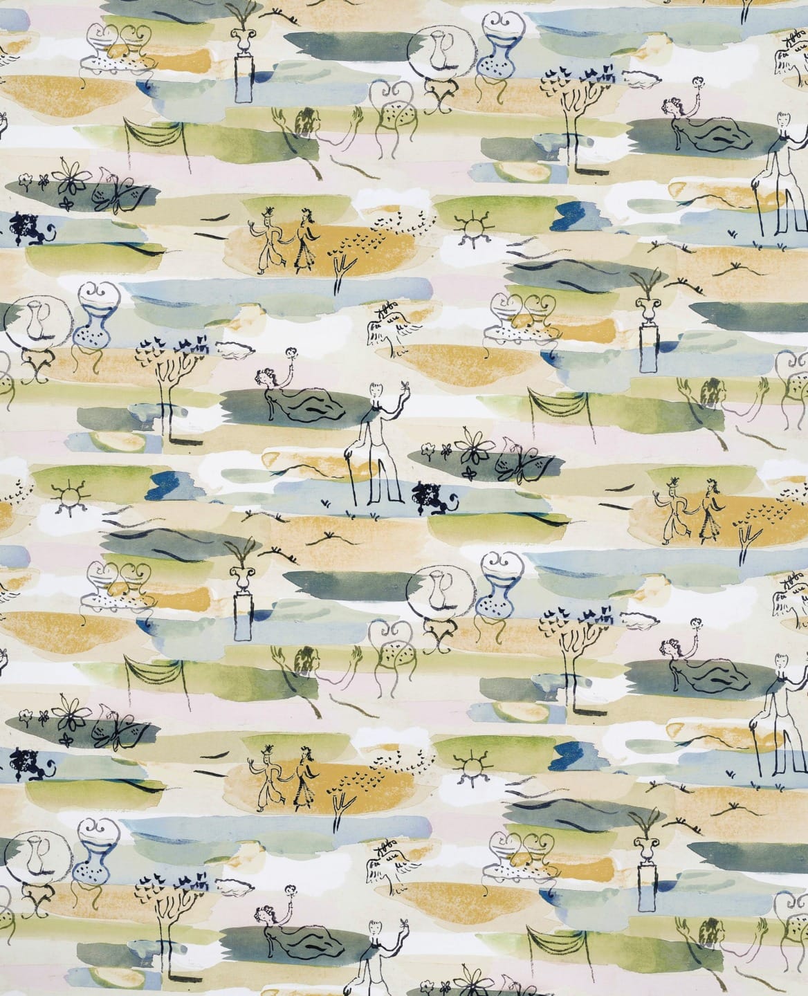 Abstract art with whimsical figures and nature elements in a palette of greens, blues, and yellows.