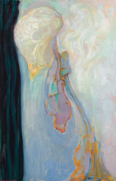 Abstract painting with a blend of soft pastel colors and flowing shapes, depicting a dreamlike, surreal scene against a textured background.