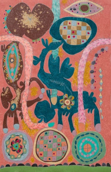 Abstract colorful painting featuring geometric shapes, animal-like figures, and vibrant patterns on a pink background.