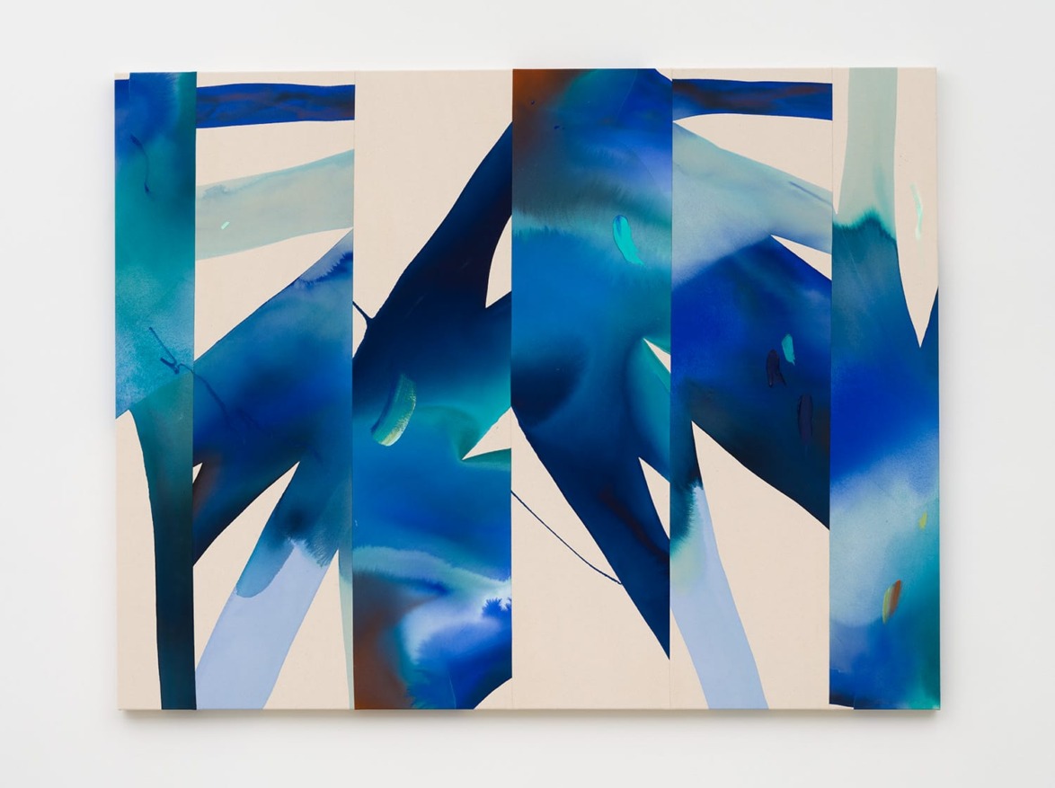 Abstract painting with shades of blue and green, featuring bold, overlapping brushstrokes on a light background.