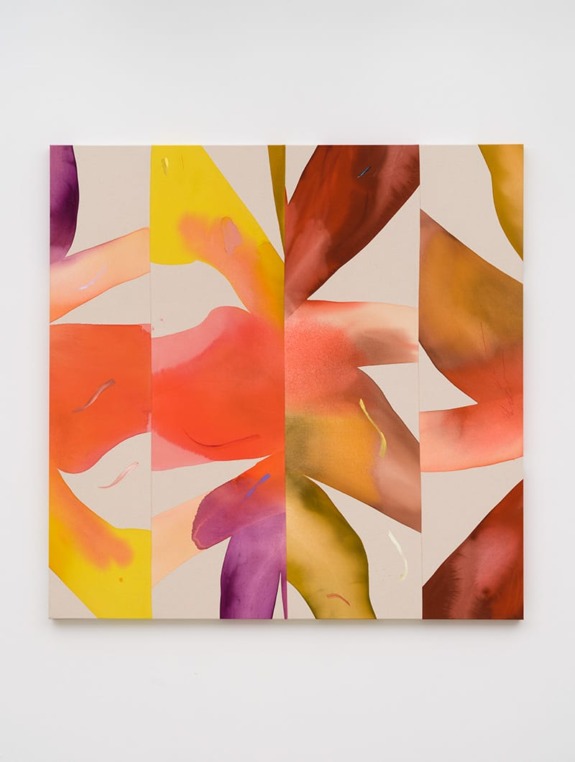 Abstract painting with vibrant red, yellow, purple, and orange shapes on a white background.