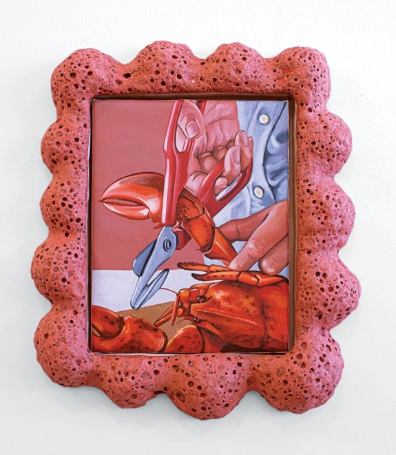 Painting of hands cracking a lobster claw framed in a textured, red, coral-like border against a white background.