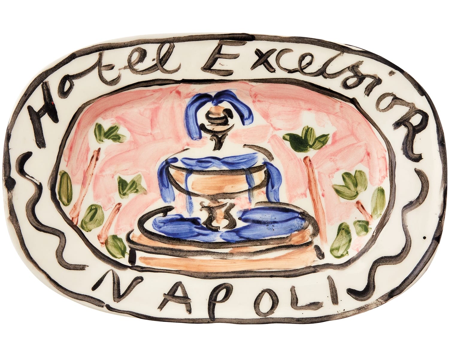 Hand-painted ceramic plate with a colorful fountain design, caption reads "Hotel Excelsior Napoli" with green floral accents.