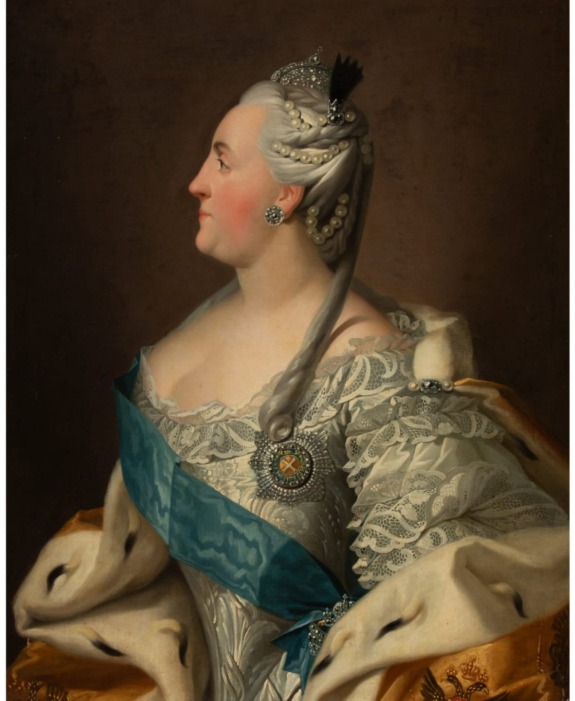 Painting of a regal woman in ornate attire, with a jeweled crown and a blue sash over a richly embellished dress.