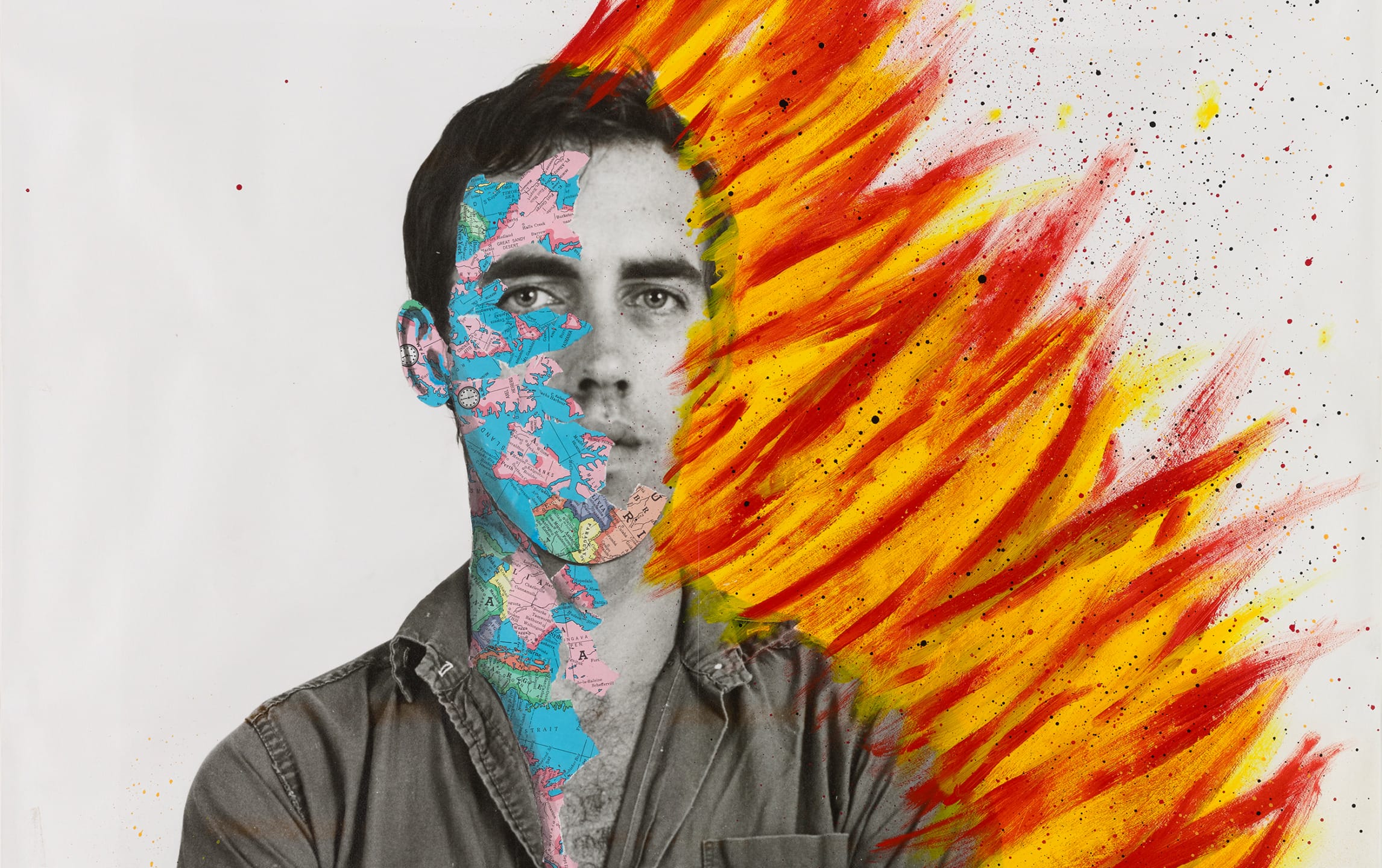 Man with colorful face partially obscured by vibrant red and yellow abstract flames on a grayscale background.