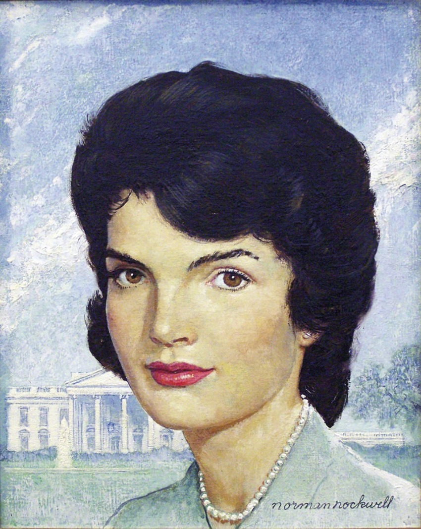Painting of a woman with dark hair and pearls in the foreground, White House in the background.
