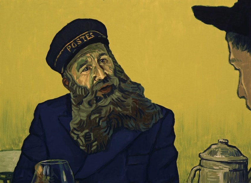 Bearded man in a postal cap sitting at a table, painted in the style of Vincent van Gogh against a yellow background.