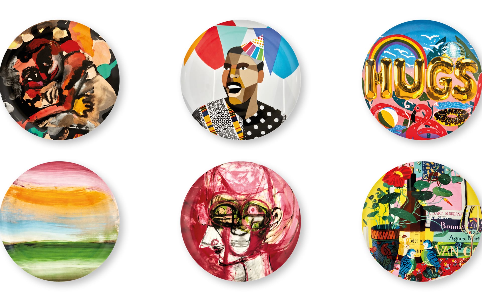 Colorful abstract and modern art displayed on six round plates against a white background.