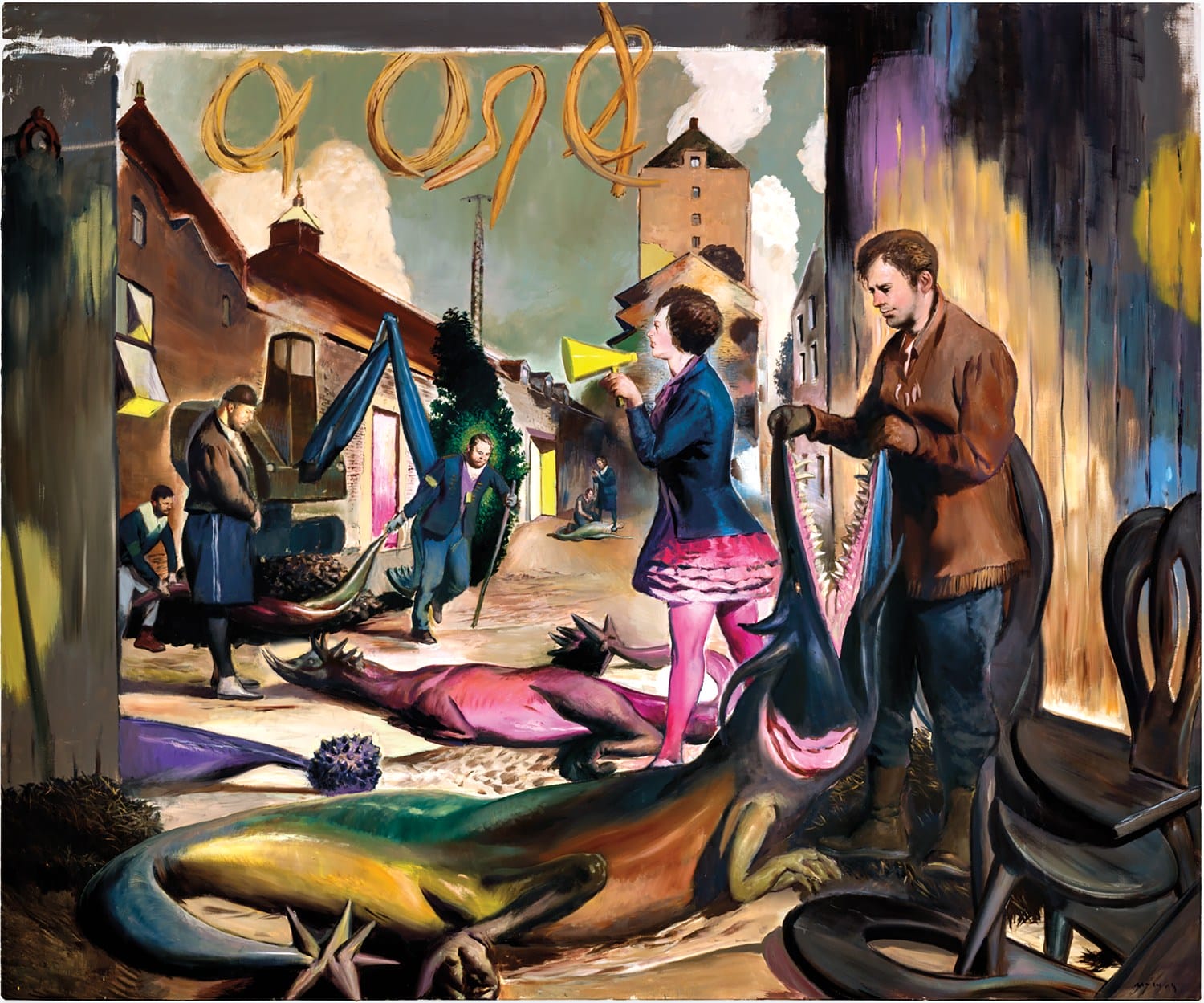 Abstract painting of people and surreal creatures in a village setting, featuring vivid colors and dynamic interactions.