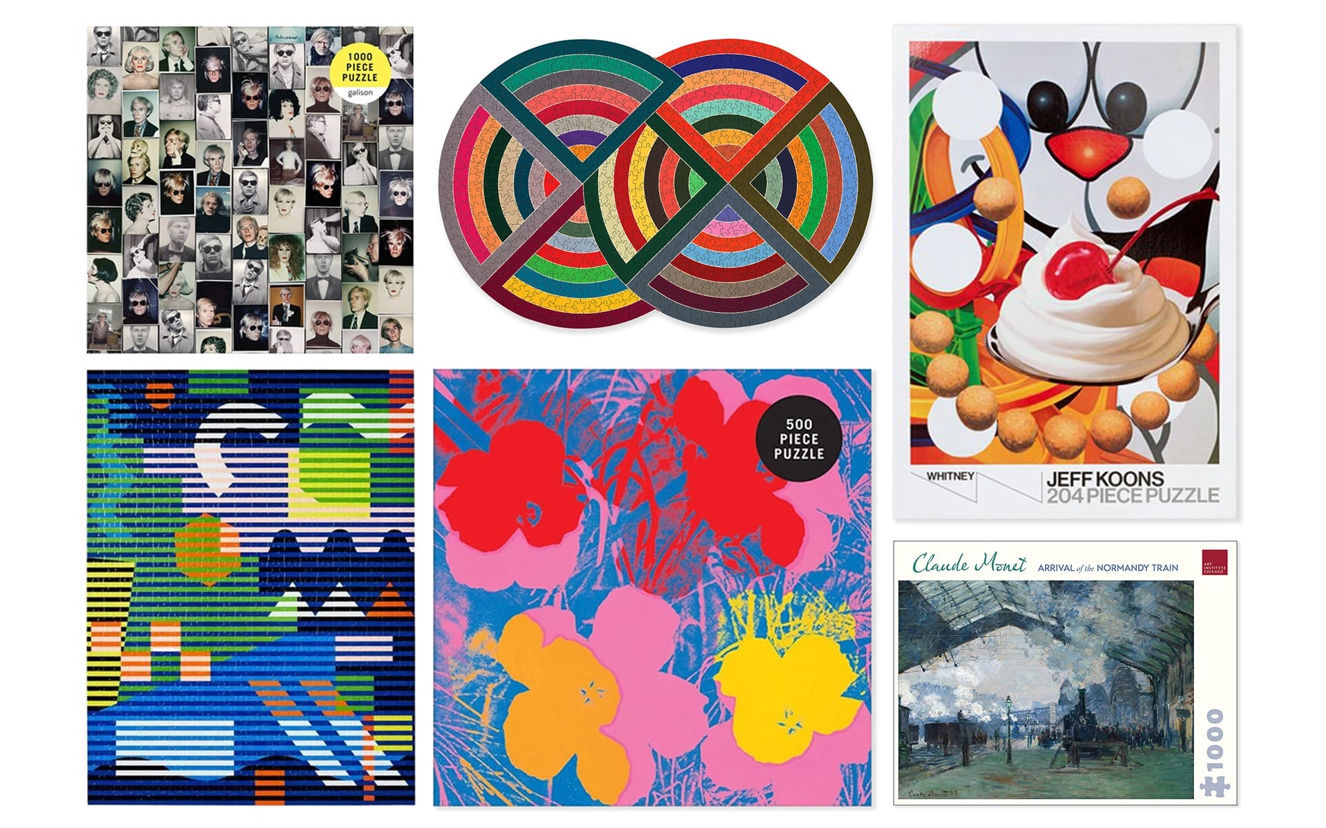 Collection of colorful art puzzles, including abstract designs, floral prints, and famous paintings.