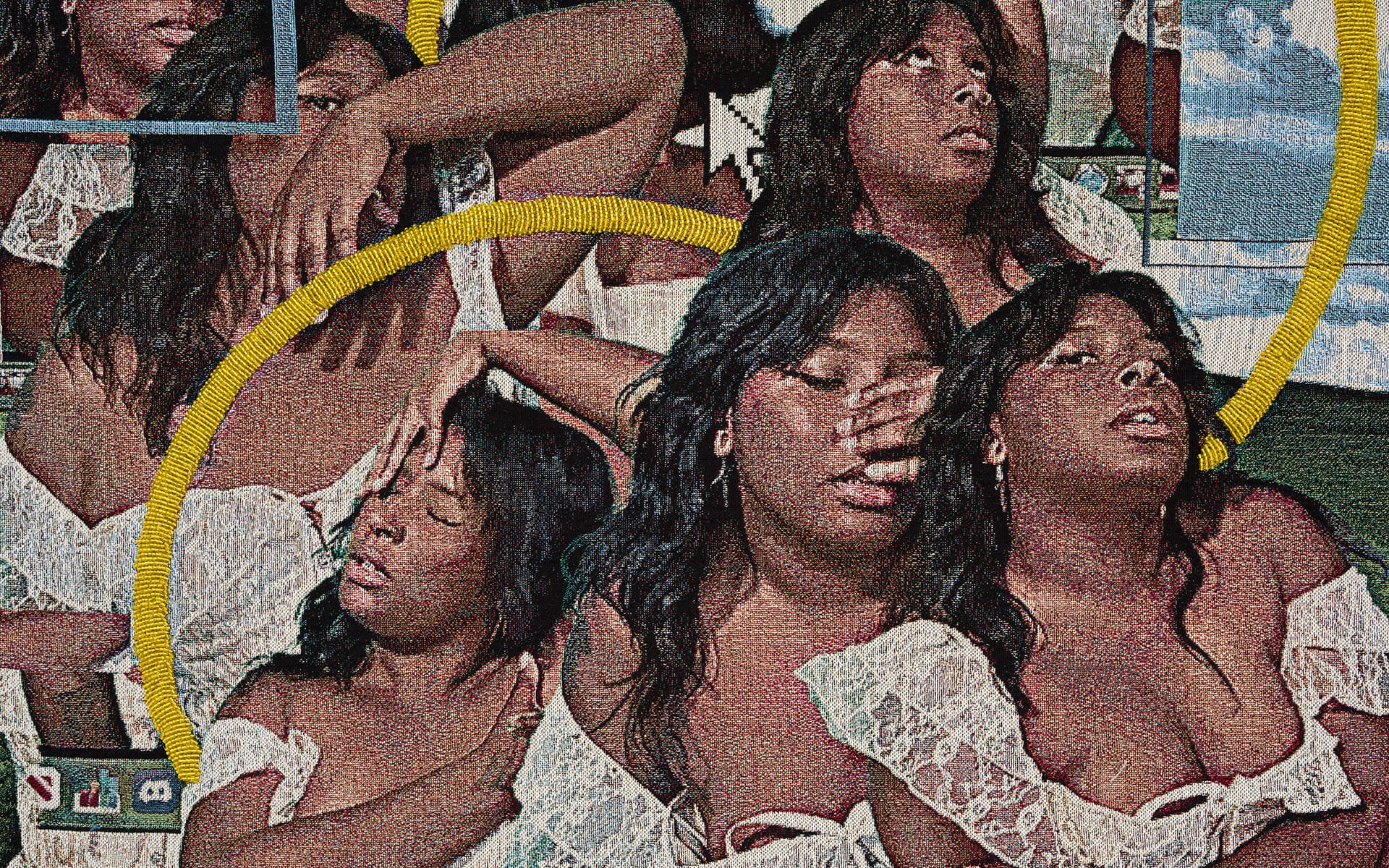 Collage of a woman in a white dress with various expressions, surrounded by digital elements and bright yellow circles.