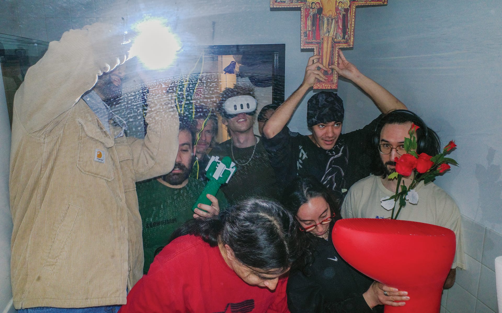 A 2025 self-portrait of some of the members of Mschf with various artworks.