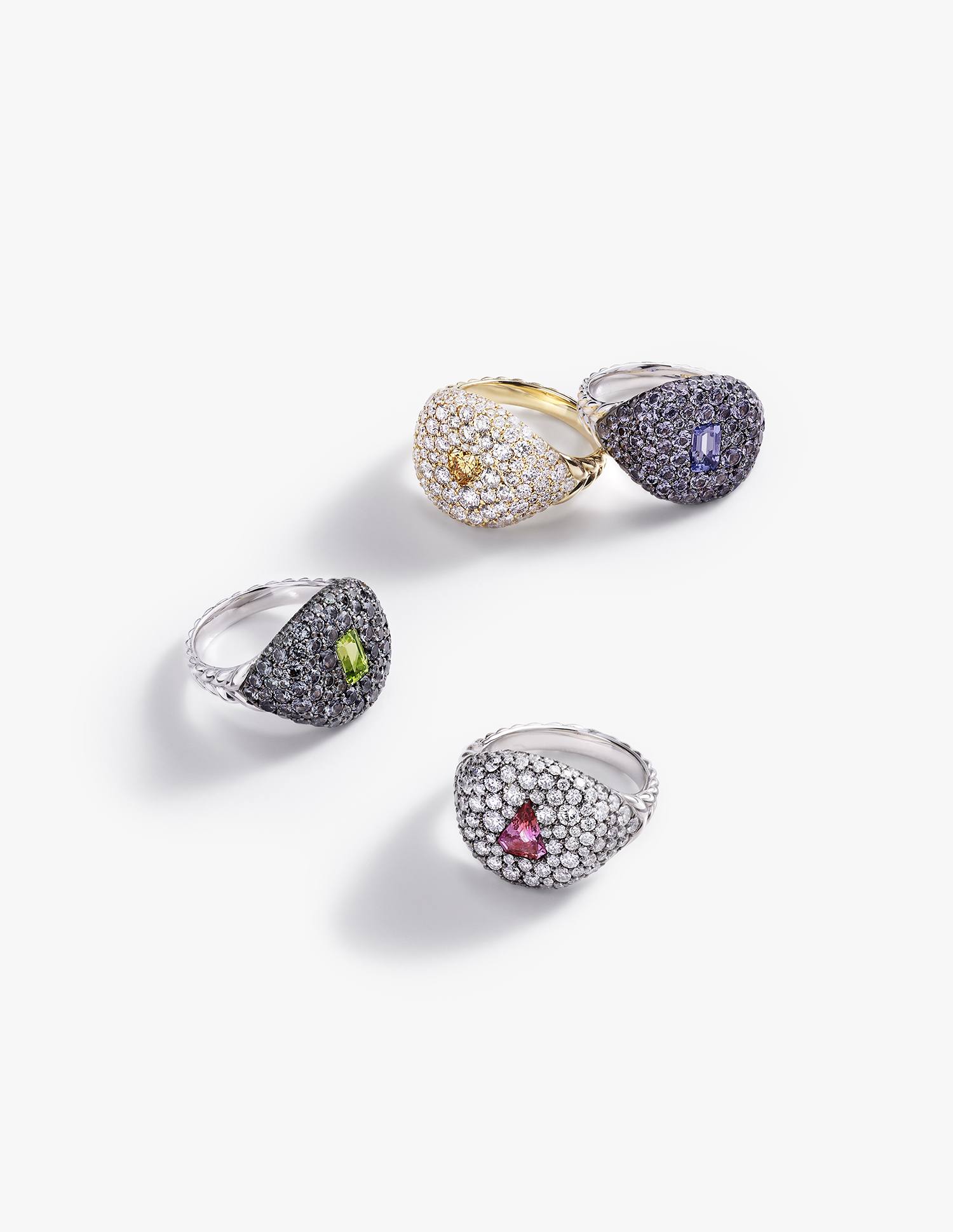 David Yurman pavé pinky rings in yellow and white diamonds, tanzanite and lavender spinels, Padparadscha sapphire and white diamonds, and peridot with color-change garnets are exclusive to the 57th Street flagship.