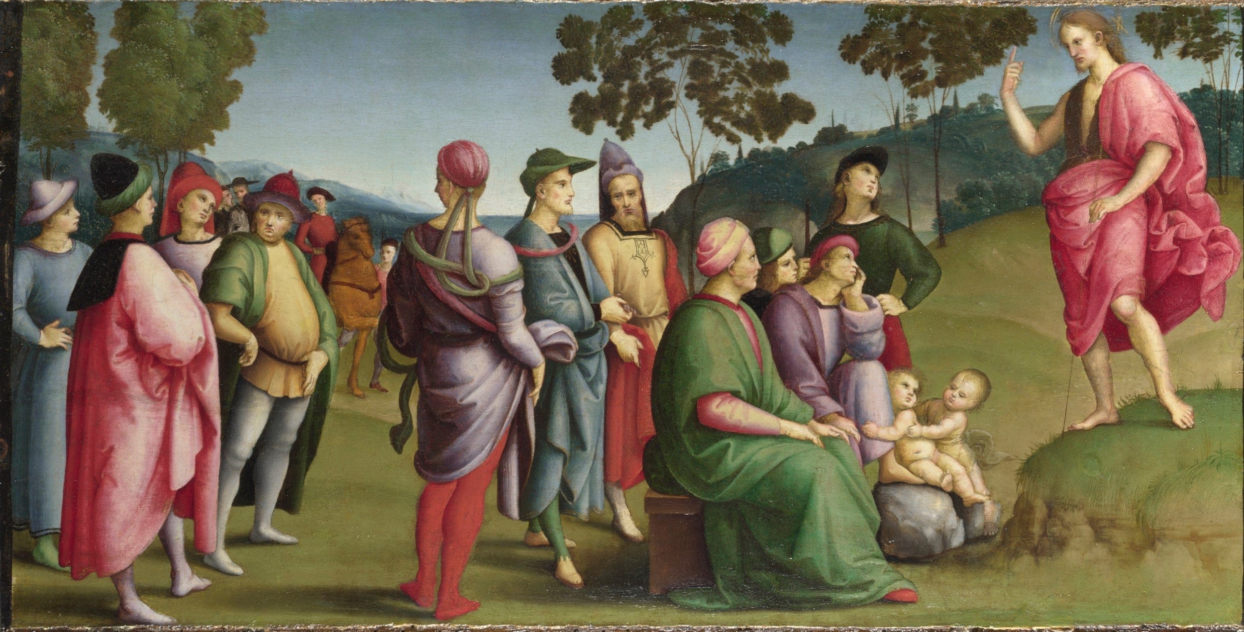 Renaissance painting depicting a group of people listening intently to a man in red robe, with trees and sky in the background.