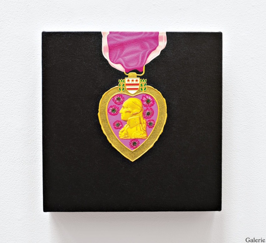 Artwork: gold medal with pink background and ribbon on black canvas, featuring a side profile and floral design.