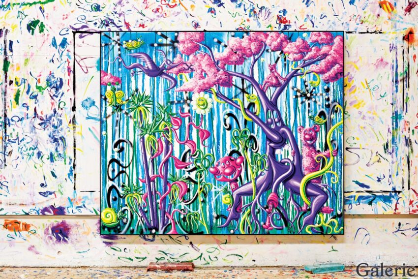 Colorful abstract painting of vibrant plants and animals with a splattered wall background.