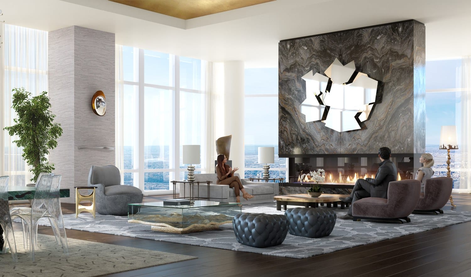 Modern living room with large windows, contemporary furniture, unique fireplace, and people relaxing in a stylish setting.