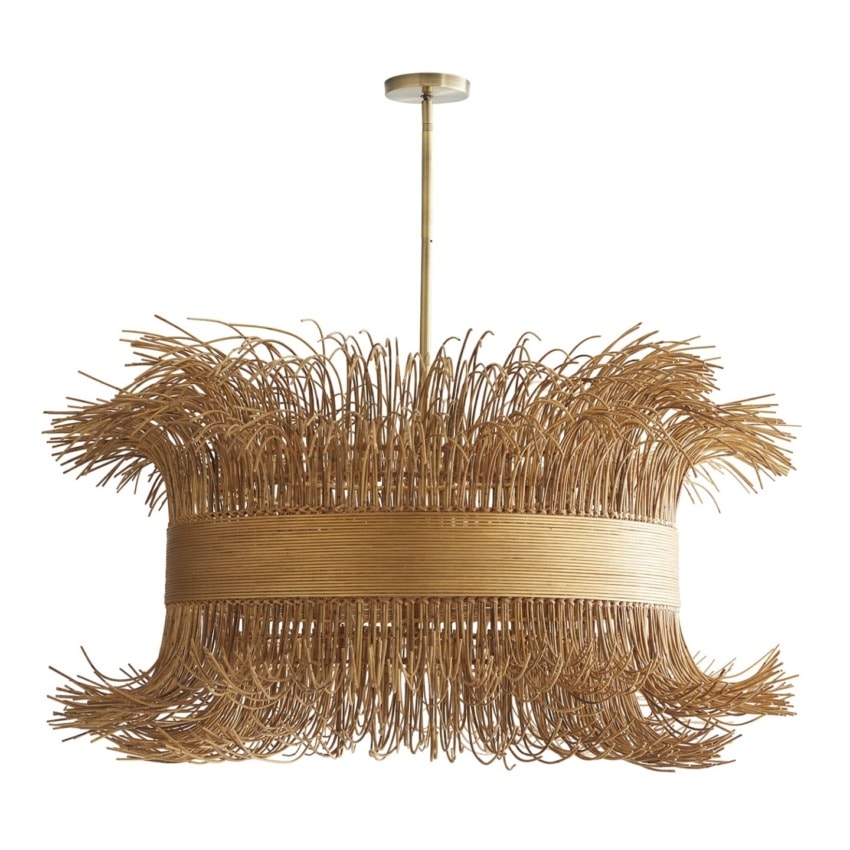 Rattan chandelier with intricate woven design and elegant curves, suspended from a brass rod.