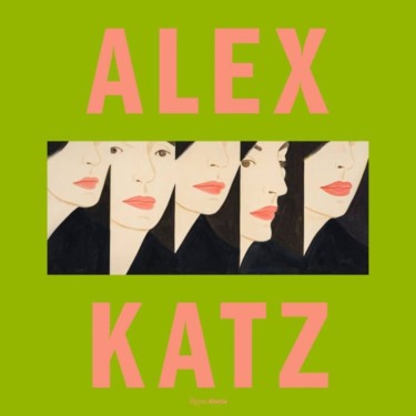 Alex Katz abstract portrait artwork with multiple face perspectives on a green and pink background.