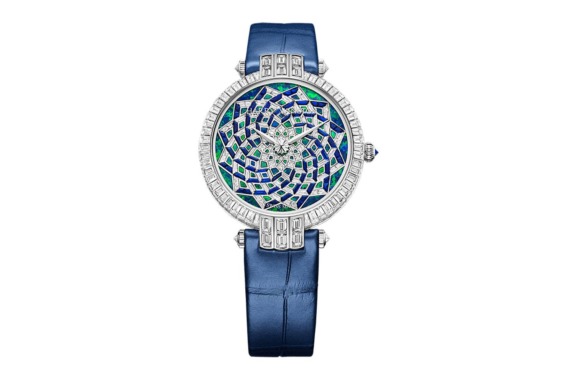 Luxury watch with blue leather strap, intricate gemstone dial design, and diamond-encrusted bezel.