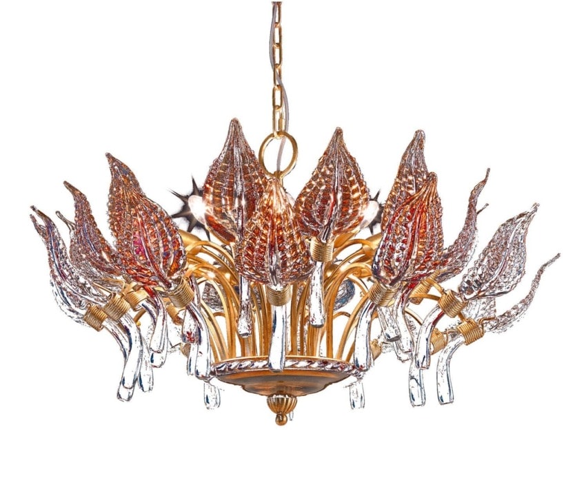 Elegant floral-inspired chandelier with gold and clear glass design featuring multiple ornate light fixtures.