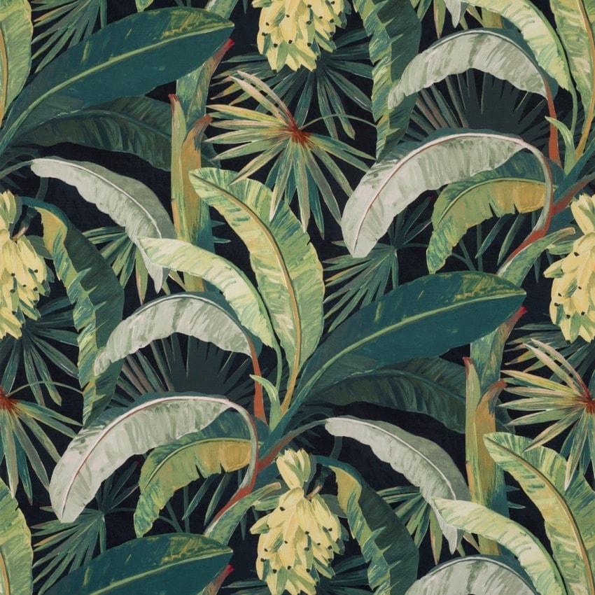 Illustration of lush tropical leaves and plants with vibrant green and yellow tones on a dark background.