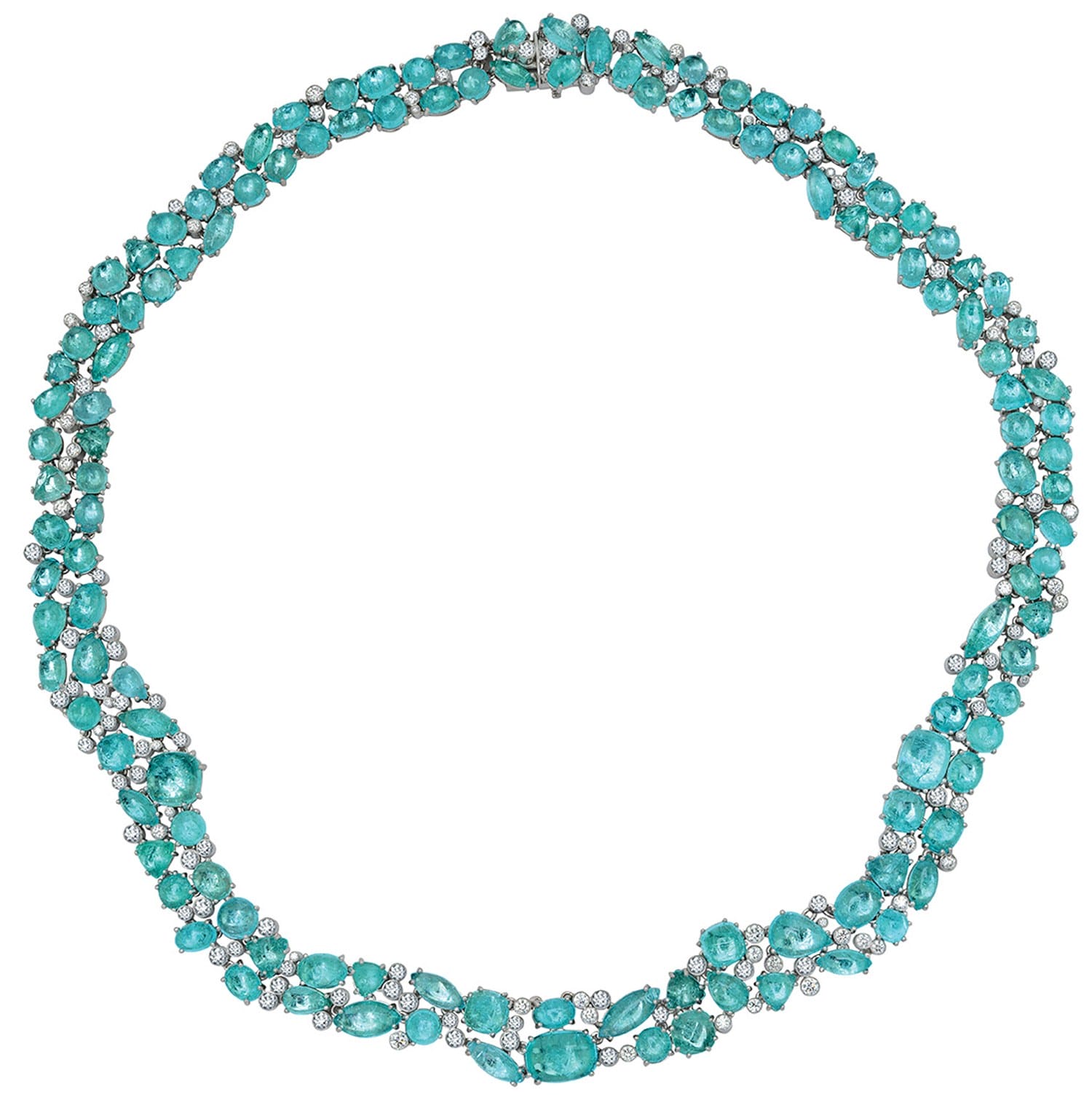 A luxurious turquoise gemstone necklace with an intricate design of oval and round stones set in silver.