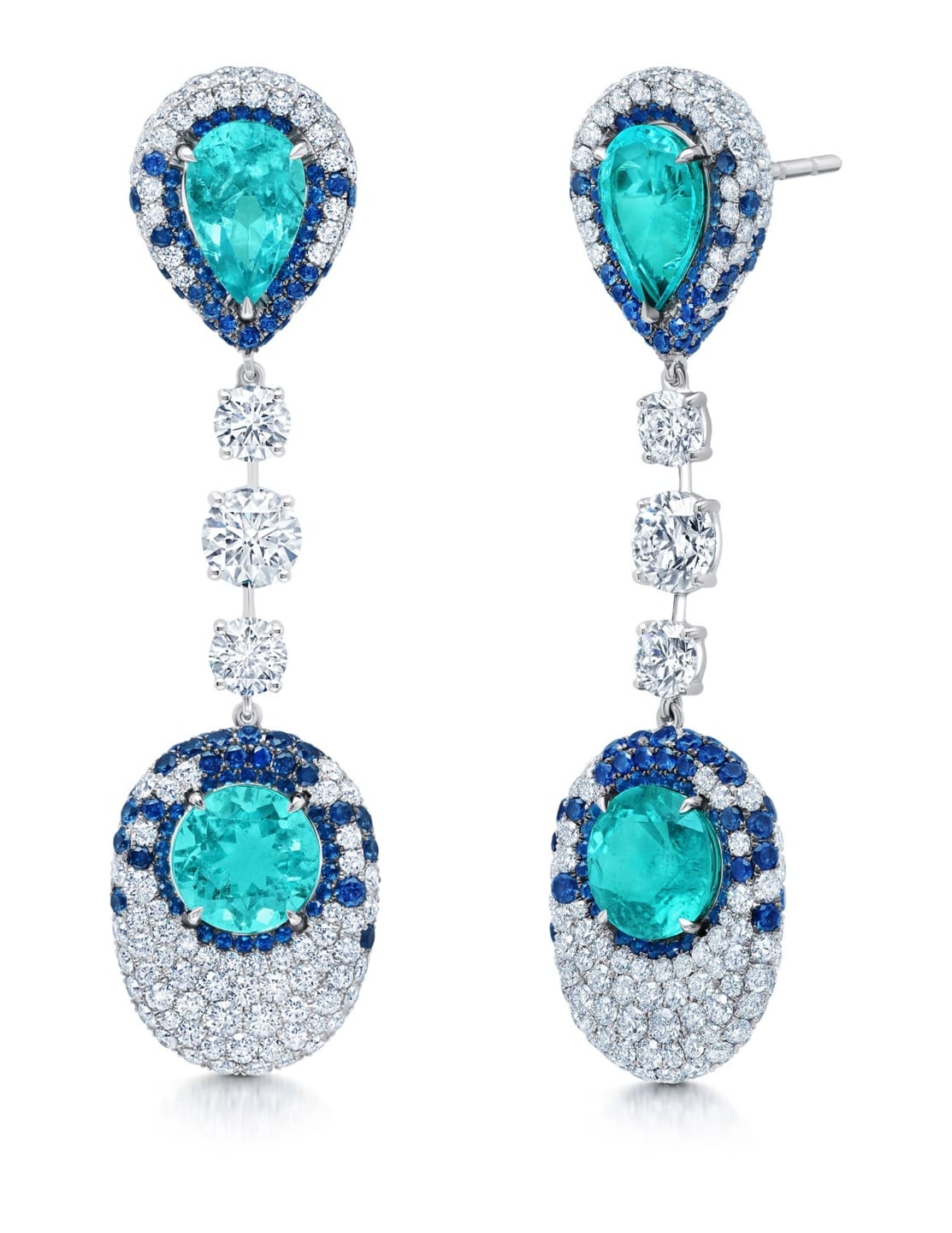 Elegant drop earrings with blue and turquoise gemstones surrounded by sparkling diamonds and intricate detailing.