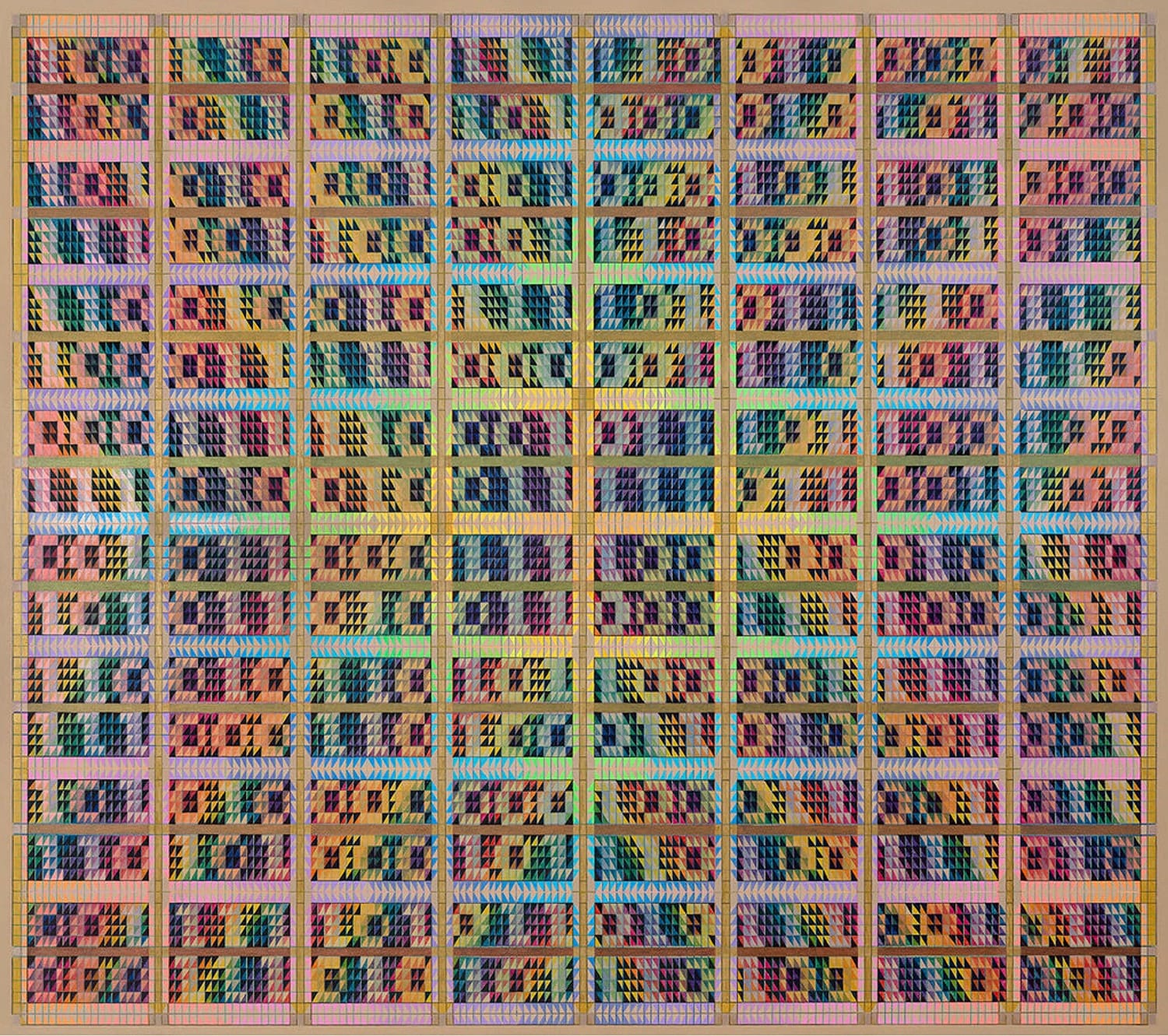 Colorful geometric pattern of overlapping squares with varied hues and grid lines creating a detailed and vibrant design.