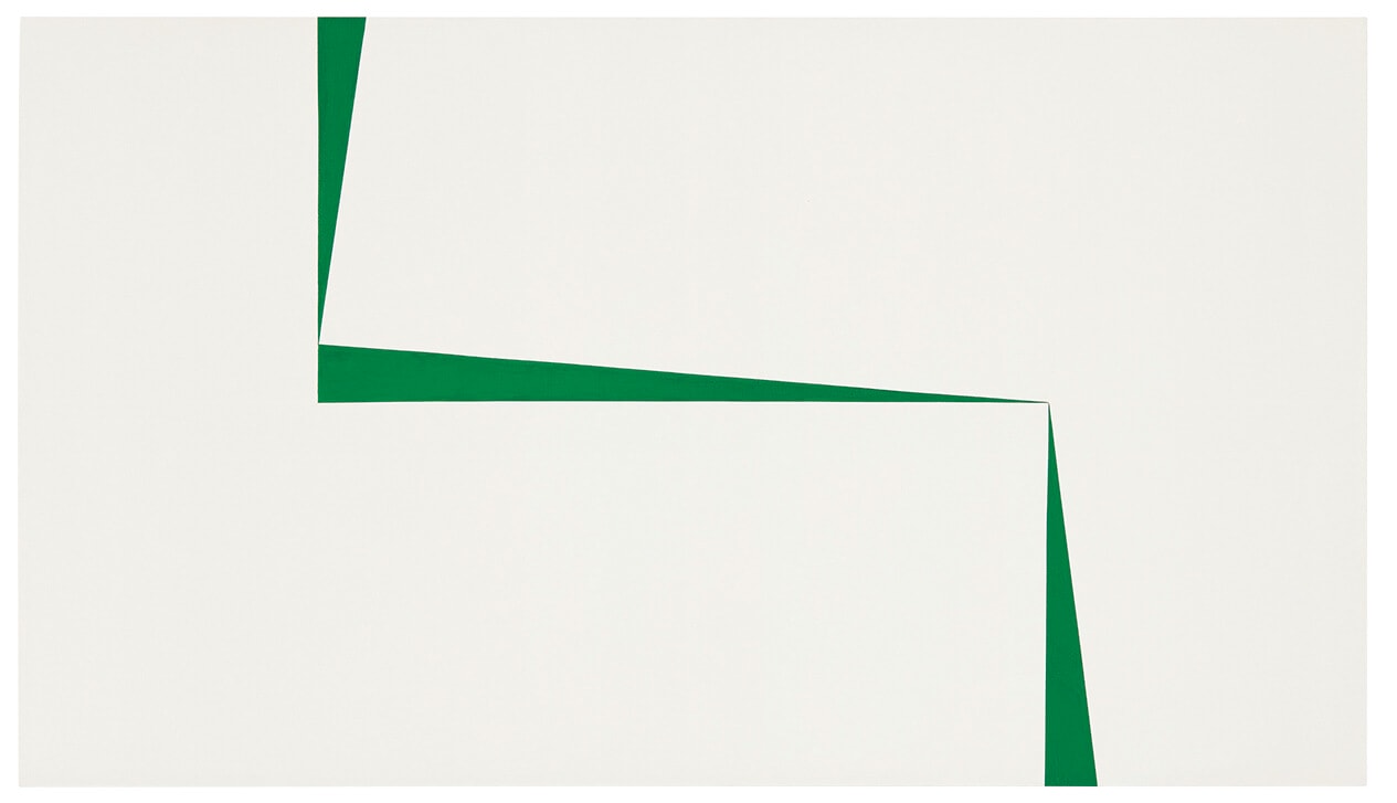 Abstract art with bold green zigzag shape on a white background.